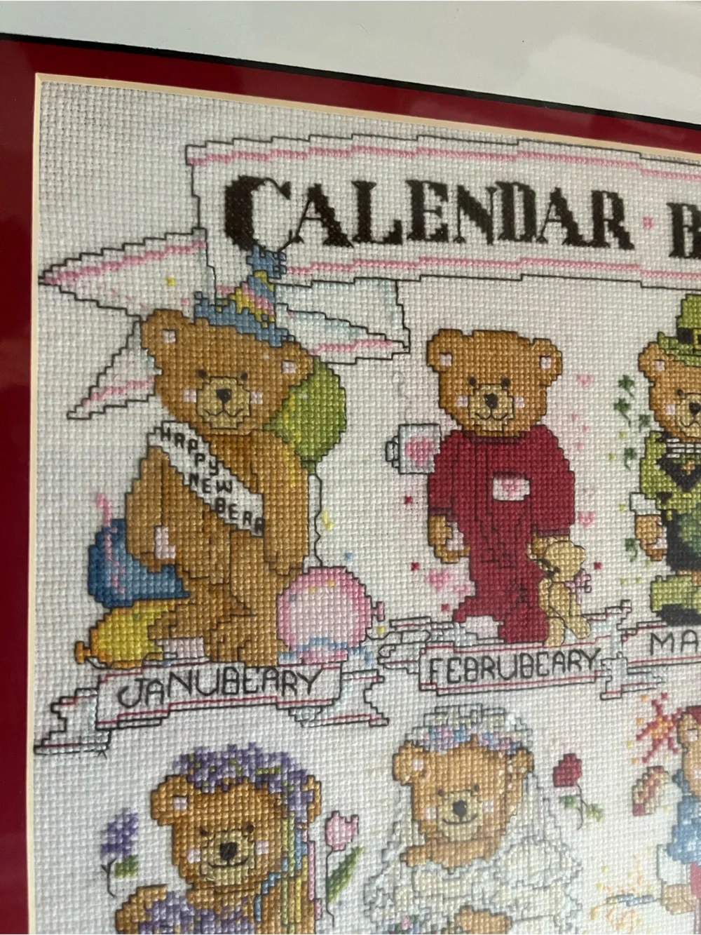 Framed Completed Calendar Bears Cross stitch Art needlework folk 80s 90s 🐻 🇺🇸 🗓️